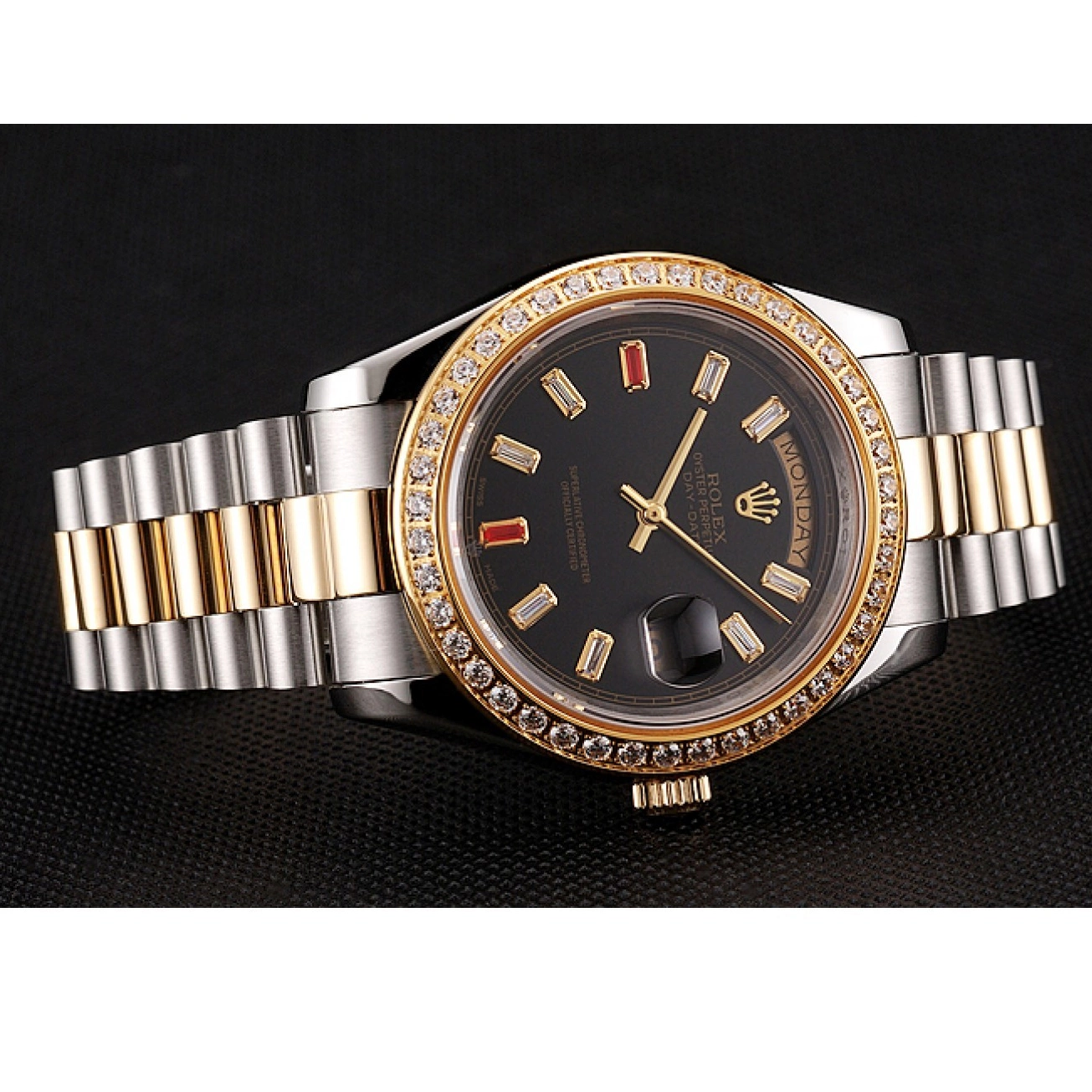 Best AAA Replica Sites Tone Day-Date Rubies Diamonds Dial Swiss Black Two Rolex 1454105 And Bracelet 0816